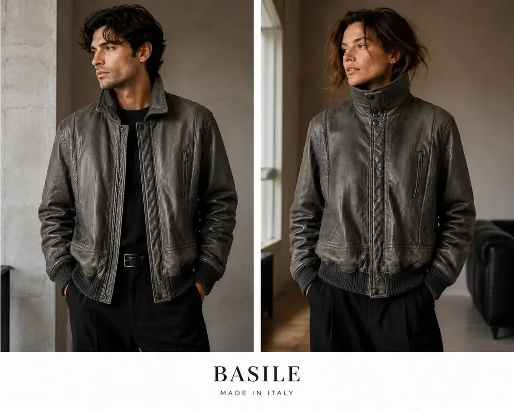 Vintage Basile Italy Mens M Gray Leather Bomber Jacket 90s Designer Moto